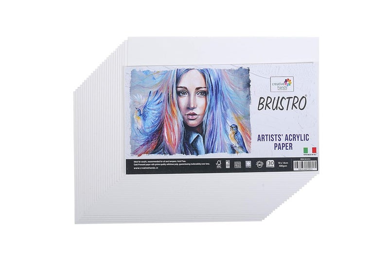 BRUSTRO ورق أكريليك للفنانين 400 جرام/متر مربع - 30 ورقة. الحجم (صغير) 10 سم × 14 سم، خالي من الأحماض، مثالي للرسم بالأكريليك. مناسب أيضًا للرسم بالزيت والتيمبرا. - Image 1
