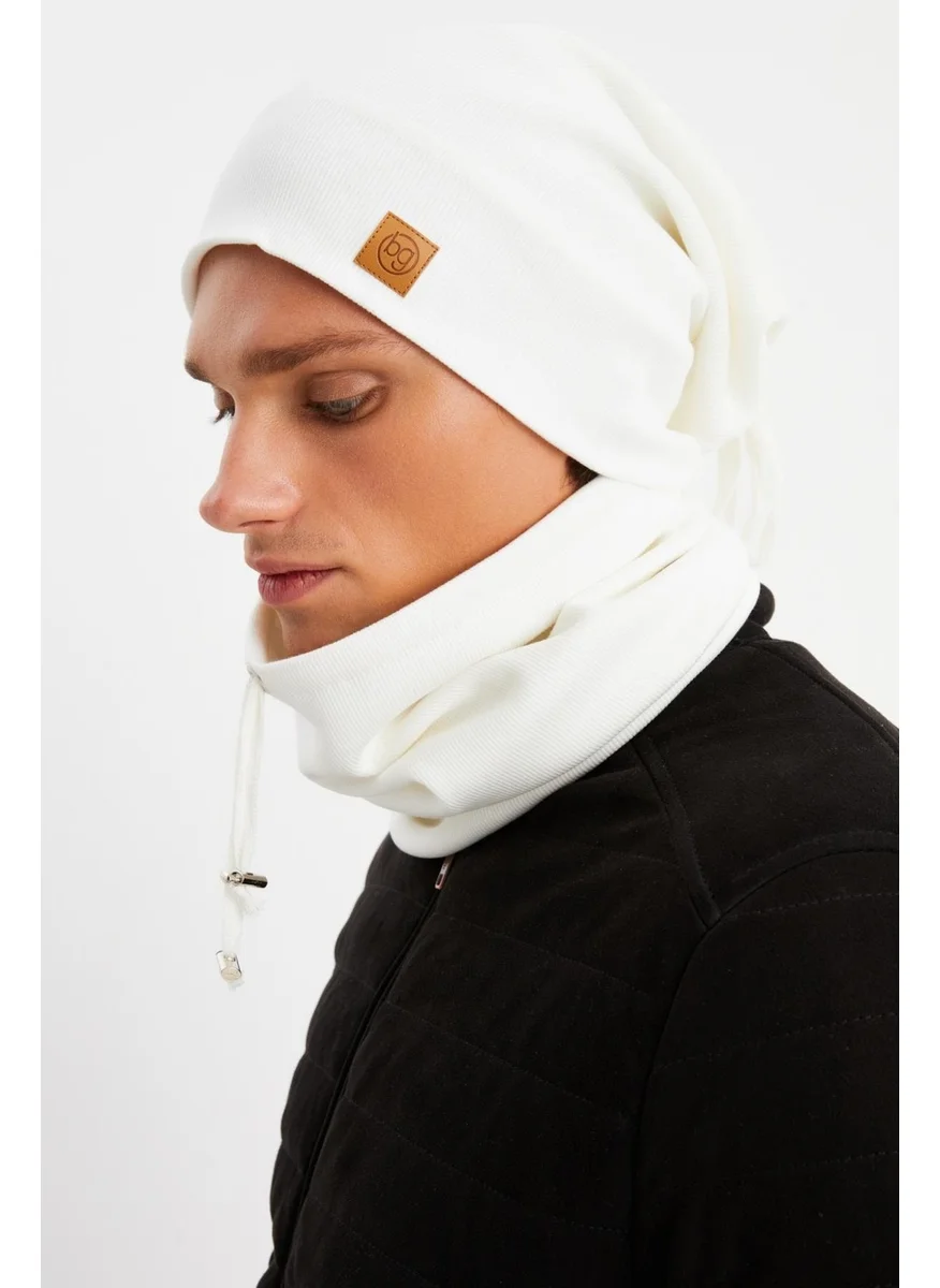 Butikgiz White Men's Cotton Camisole Anti-Sweat Ultra Light and Soft Drawstring Beret Neck Collar Set