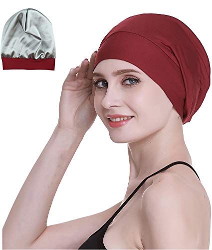 FocusCare Soft Sleep Cap Protect Hair Bonnet Gifts for Daughter Night Headwear Burgundy - Image 1