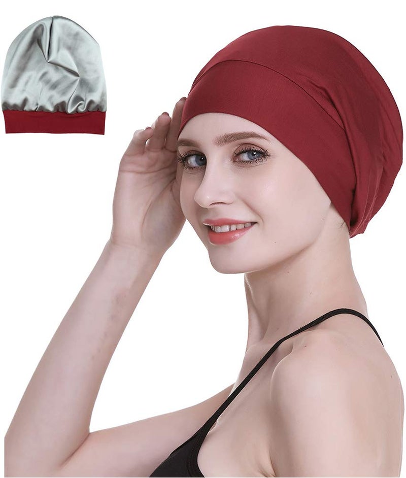 FocusCare Soft Sleep Cap Protect Hair Bonnet Gifts for Daughter Night Headwear Burgundy - Image 2