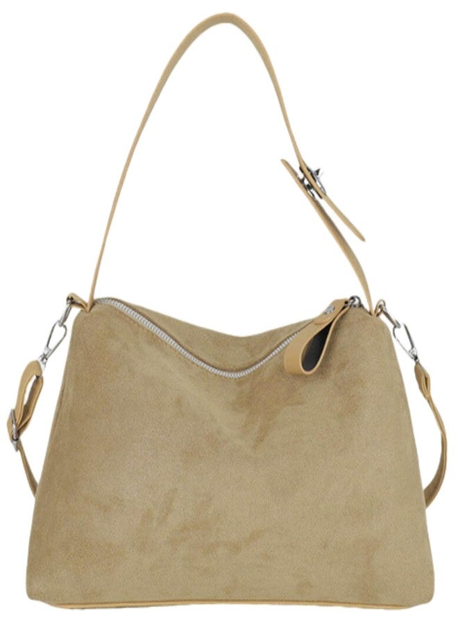 Bagkeak Suede Shoulder Bags For Women Crossbody Bag Suede Tote Bag Satchels Slouchy Work Purses Crescent Handbag Fall Top Handle, Beige, 7.1*2.6*4.7 inches (18 cm*6.5 cm*12 cm) - Image 1