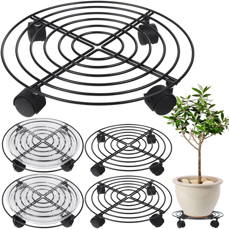Planterhoma 5 Packs Large Metal Plant Caddy with Wheels 13" Heavy-duty Wrought Iron Rolling Plant Stands with Casters Plant Dolly Plant Roller Base for Indoor and Outdoor Plant Pot Movers Saucers Black - Image 1