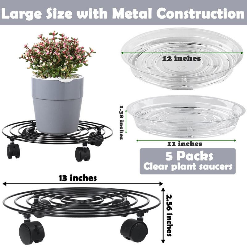 Planterhoma 5 Packs Large Metal Plant Caddy with Wheels 13" Heavy-duty Wrought Iron Rolling Plant Stands with Casters Plant Dolly Plant Roller Base for Indoor and Outdoor Plant Pot Movers Saucers Black - Image 4