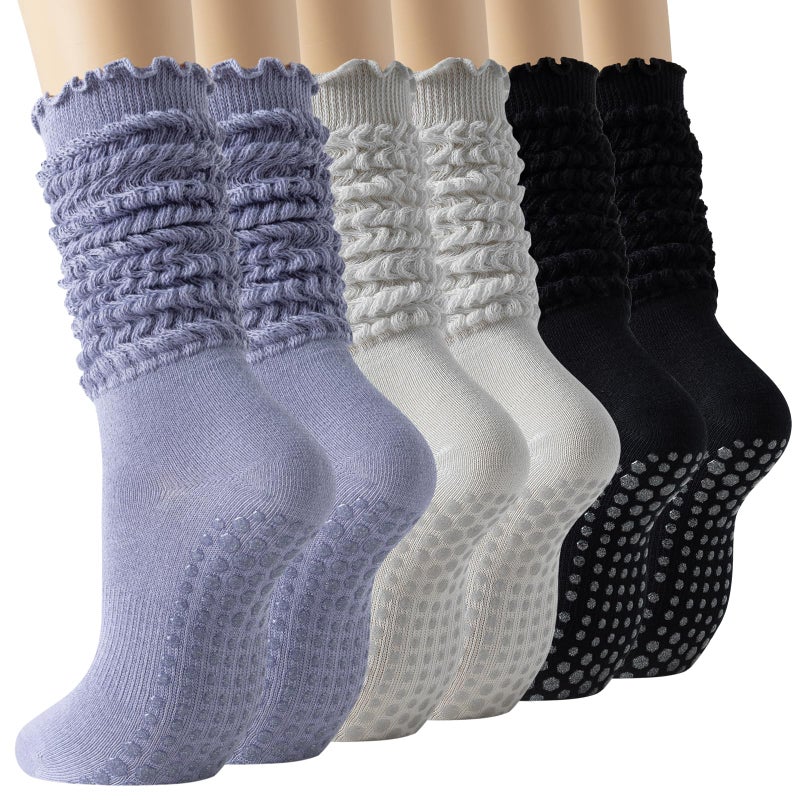 BISOUSOX Pilates Slouch Socks Scrunch Ruffle Grip Yoga Grippy Barre Anti Slip Long Crew Knee High Slipper Socks Women - Image 2