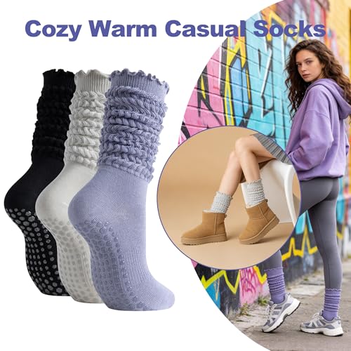 BISOUSOX Pilates Slouch Socks Scrunch Ruffle Grip Yoga Grippy Barre Anti Slip Long Crew Knee High Slipper Socks Women - Image 3