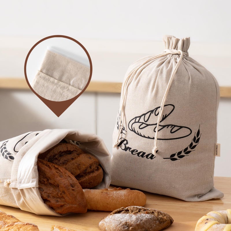 GobiSea 2 Pack Linen Bread Bags for Homemade Bread Plastic Lined Reusable Linen Sourdough Bread Storage Bags with Plastic Liner 17 x 13