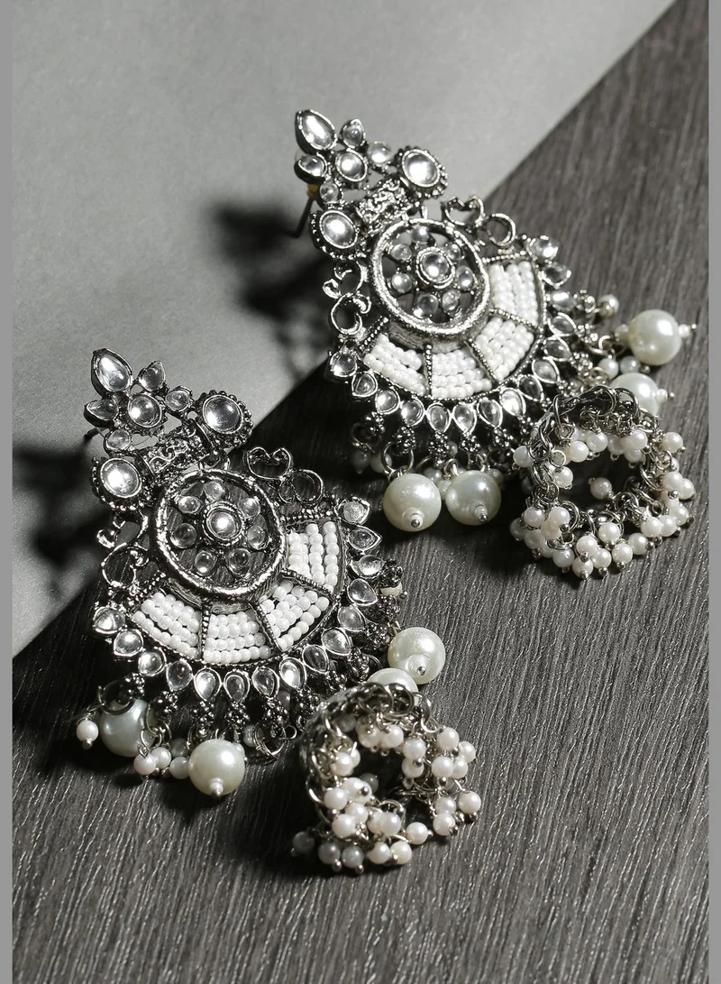 SOHI Designer Oxidized Silver-Plated Paachi Kundan Pearl Earrings