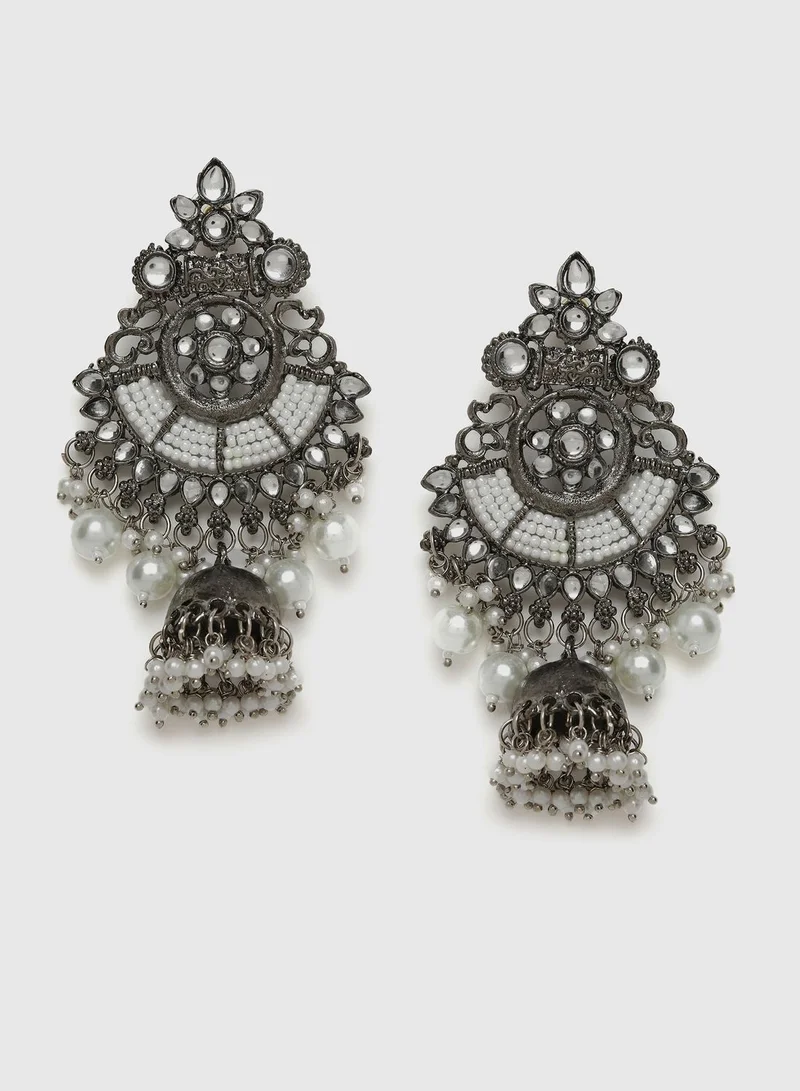 SOHI Designer Oxidized Silver-Plated Paachi Kundan Pearl Earrings