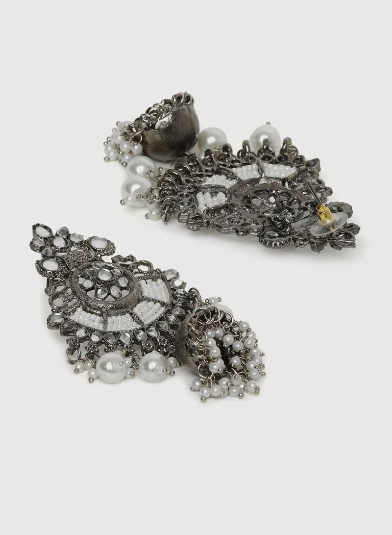 SOHI Designer Oxidized Silver-Plated Paachi Kundan Pearl Earrings