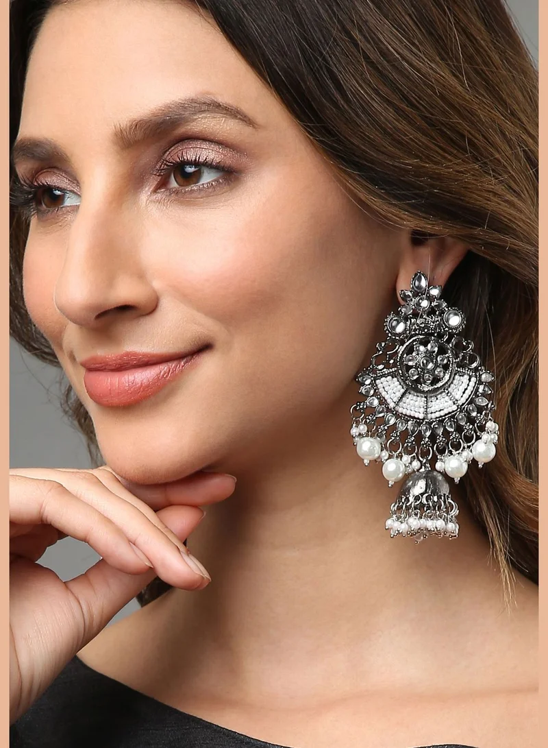 SOHI Designer Oxidized Silver-Plated Paachi Kundan Pearl Earrings