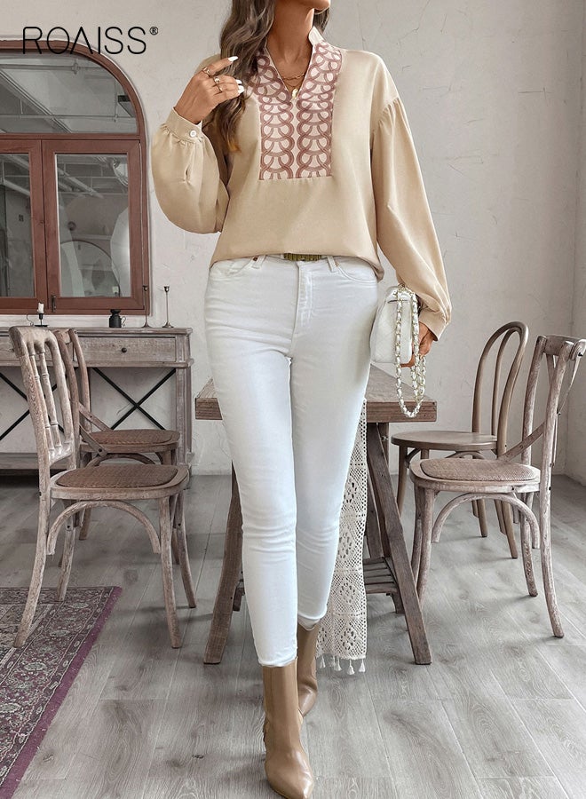 رويس بلوزة نسائية أنيقة بتصميم كلاسيكي بفتحة رقبة على شكل حرف V، قميص بأكمام طويلة وياقة صلبة وأكمام منتفخة، بلوزة مطبوعة بنقشة دائرية عرقية، لون مشمشي - Image 2