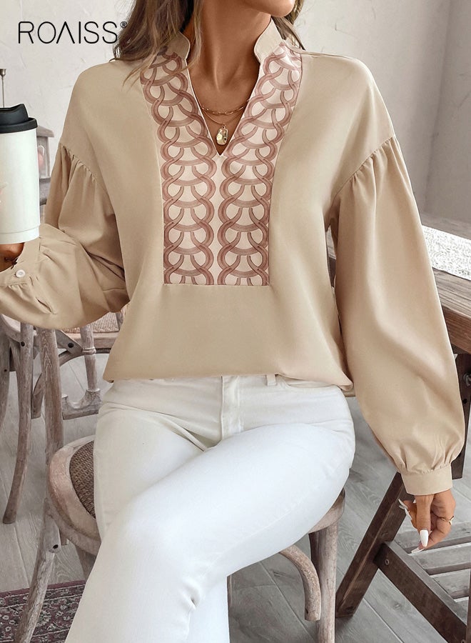 رويس بلوزة نسائية أنيقة بتصميم كلاسيكي بفتحة رقبة على شكل حرف V، قميص بأكمام طويلة وياقة صلبة وأكمام منتفخة، بلوزة مطبوعة بنقشة دائرية عرقية، لون مشمشي - Image 4