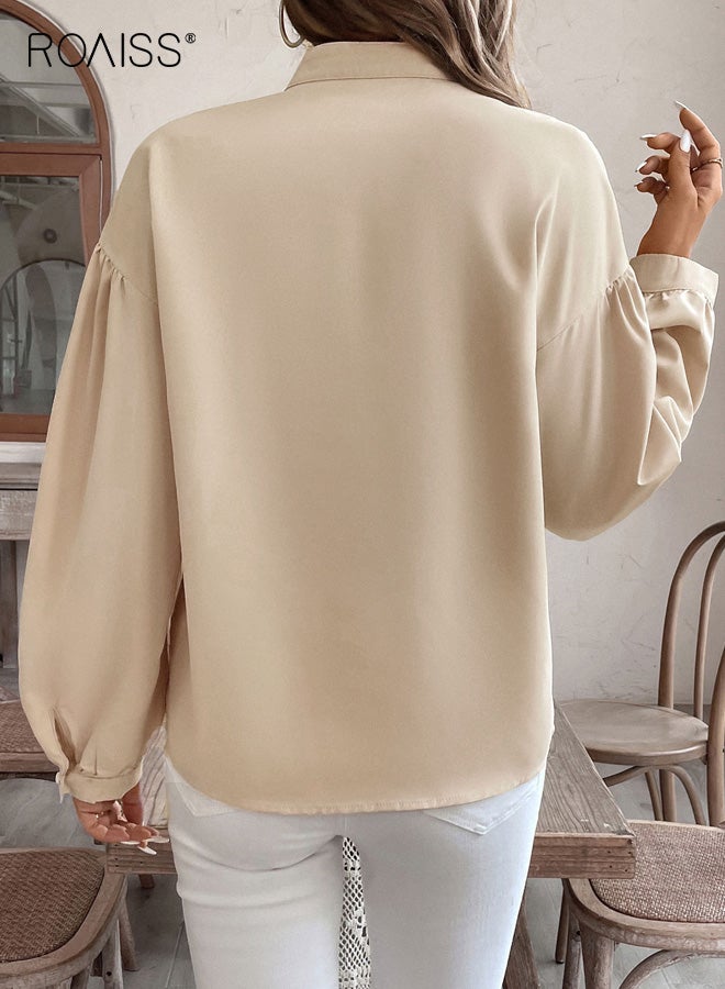 رويس بلوزة نسائية أنيقة بتصميم كلاسيكي بفتحة رقبة على شكل حرف V، قميص بأكمام طويلة وياقة صلبة وأكمام منتفخة، بلوزة مطبوعة بنقشة دائرية عرقية، لون مشمشي - Image 5