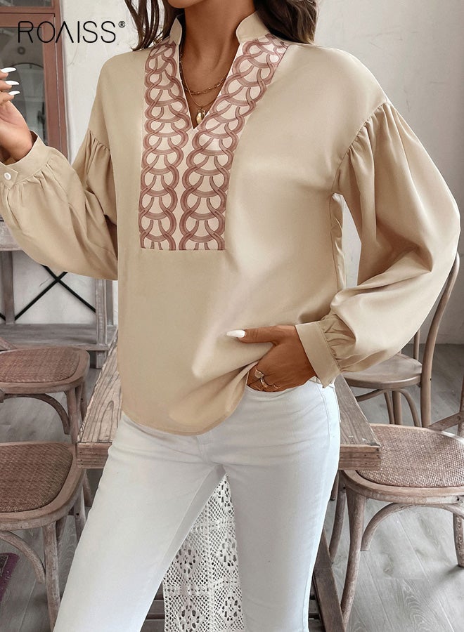 رويس بلوزة نسائية أنيقة بتصميم كلاسيكي بفتحة رقبة على شكل حرف V، قميص بأكمام طويلة وياقة صلبة وأكمام منتفخة، بلوزة مطبوعة بنقشة دائرية عرقية، لون مشمشي - Image 3
