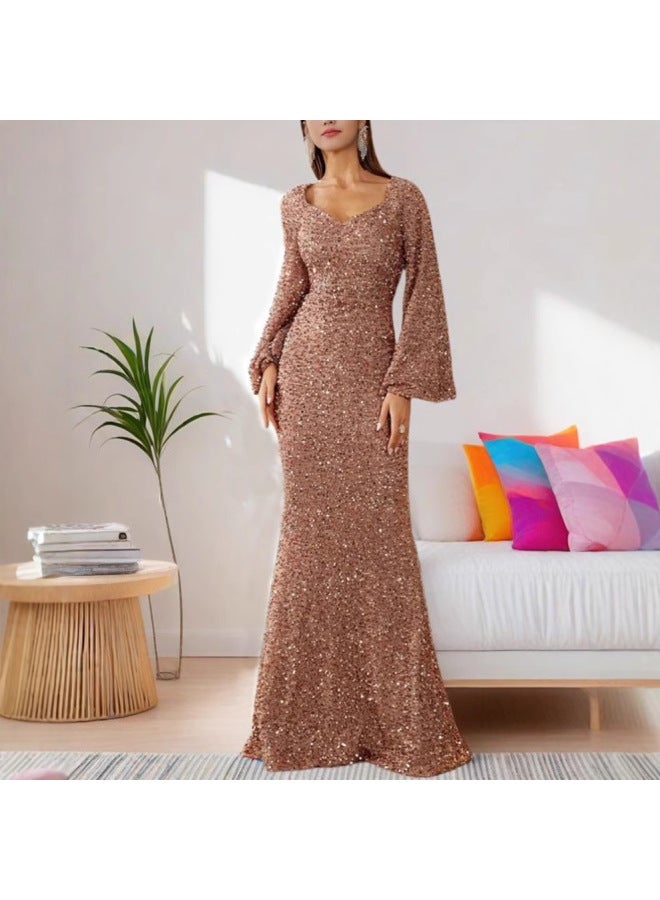 Gold Fashion V-neck Bodycon Sequin Mid-waist Bell Sleeve Long Evening Dress