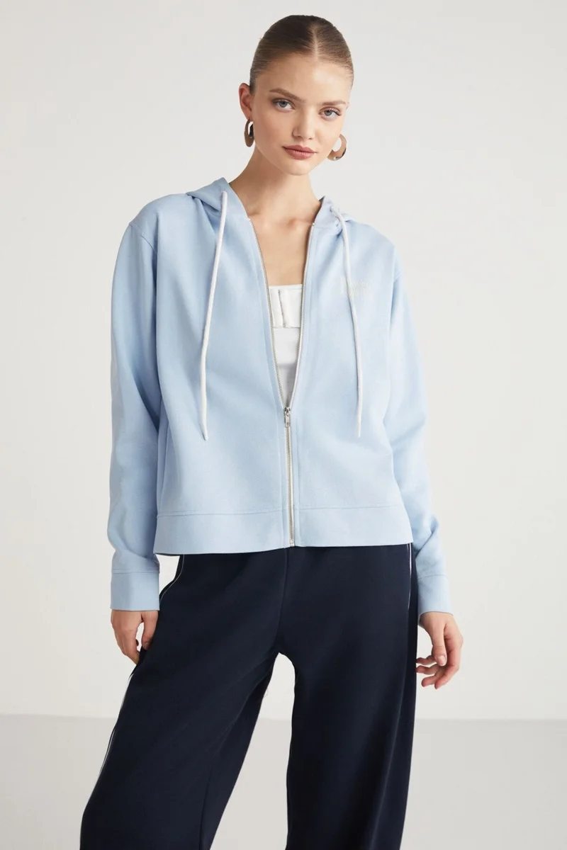 جريميلانج Aıtana Women's Relaxed Hooded Zippered Back Barcode Print Detail Light Blue Sweatshirt