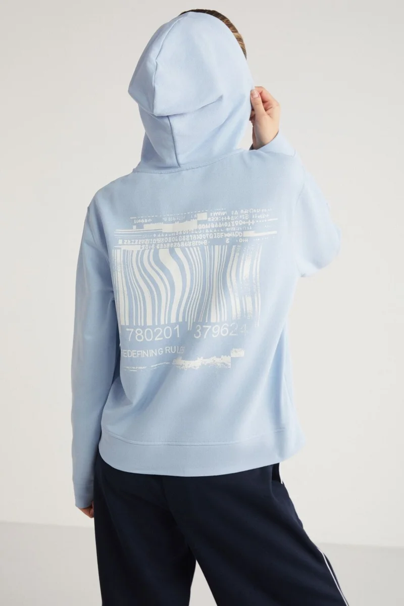 جريميلانج Aıtana Women's Relaxed Hooded Zippered Back Barcode Print Detail Light Blue Sweatshirt