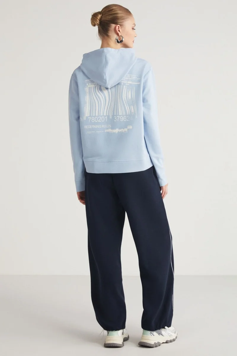 جريميلانج Aıtana Women's Relaxed Hooded Zippered Back Barcode Print Detail Light Blue Sweatshirt