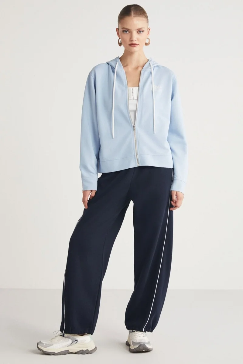 جريميلانج Aıtana Women's Relaxed Hooded Zippered Back Barcode Print Detail Light Blue Sweatshirt