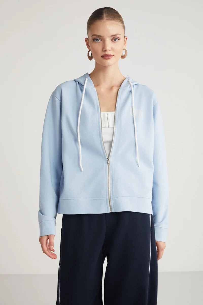 جريميلانج Aıtana Women's Relaxed Hooded Zippered Back Barcode Print Detail Light Blue Sweatshirt