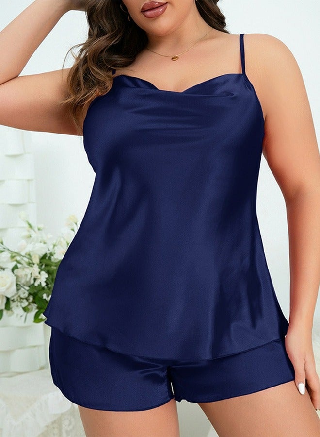 Loquat Women's Imitation Silk Solid Color 2-Piece Set Nightgown Sleepwear Suspender Top And Shorts Soft Loungewear Pajamas Suit Navy Blue - Image 1