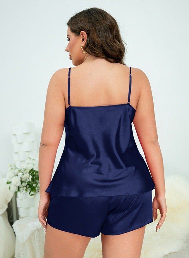 Loquat Women's Imitation Silk Solid Color 2-Piece Set Nightgown Sleepwear Suspender Top And Shorts Soft Loungewear Pajamas Suit Navy Blue - Image 2