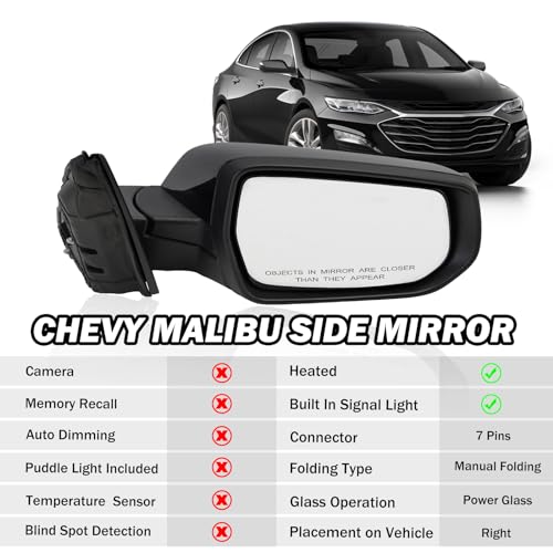 MOFOAP Passenger Side View Mirror Compatible with 2016 2017 2018 2019 2020 2021 2022 Malibu LT Hybrid,Mirrors With Heated Turn Signal,7-Pins OE-GM1321539 - Image 3