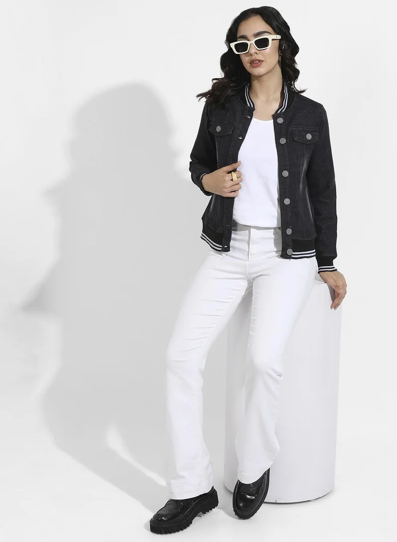 Campus Sutra Women's Black Denim Jacket With Contrast Striped Hem
