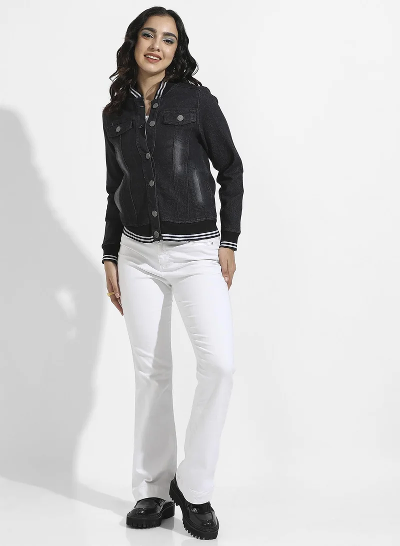 Campus Sutra Women's Black Denim Jacket With Contrast Striped Hem