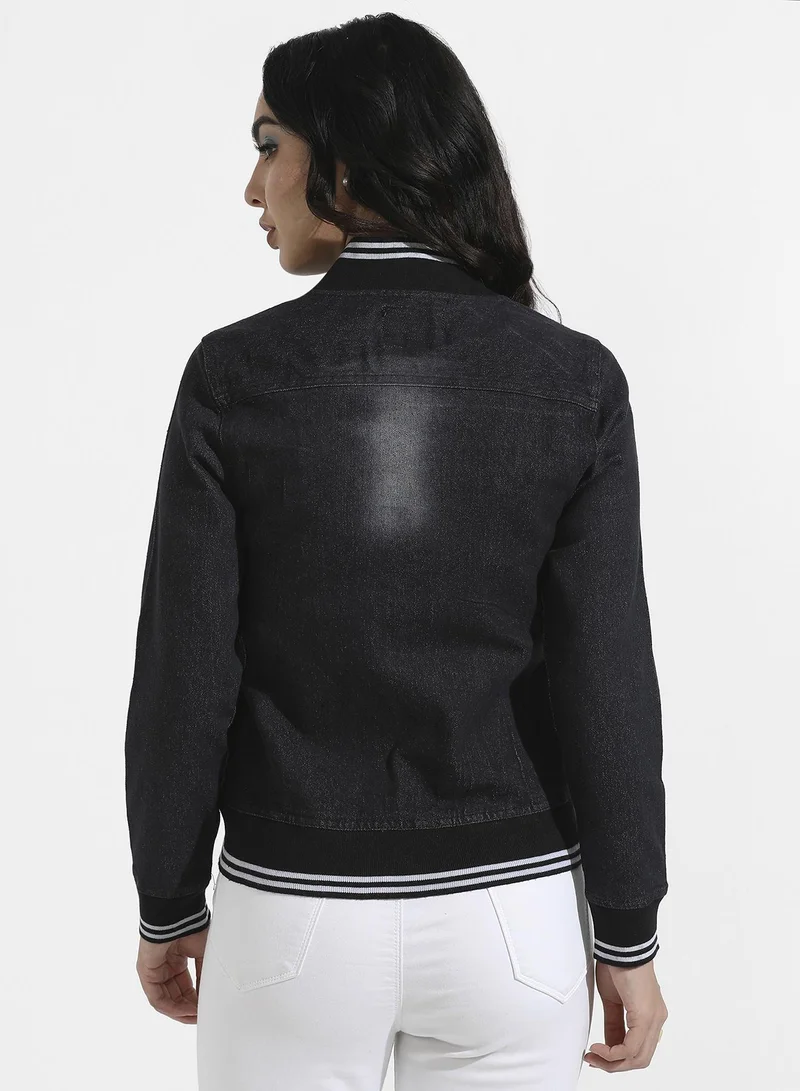 Campus Sutra Women's Black Denim Jacket With Contrast Striped Hem