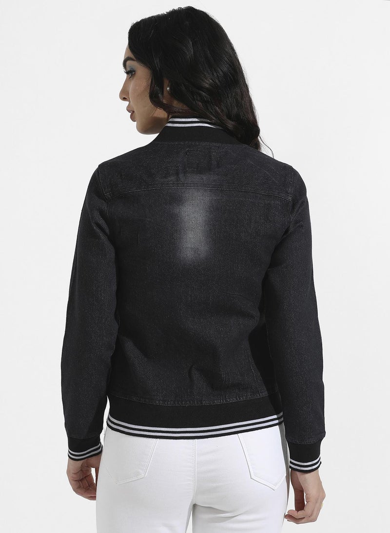 Campus Sutra Women's Black Denim Jacket With Contrast Striped Hem  - Image 5