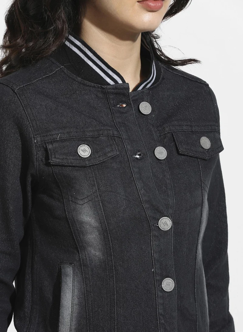 Campus Sutra Women's Black Denim Jacket With Contrast Striped Hem