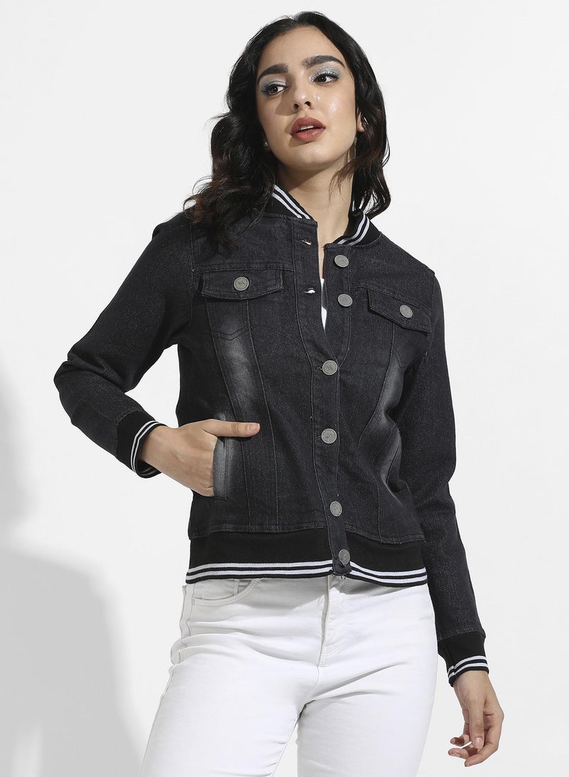 Campus Sutra Women's Black Denim Jacket With Contrast Striped Hem  - Image 2