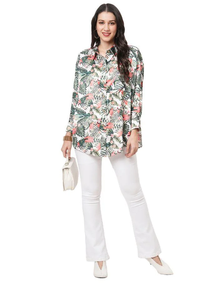 #بي Tropical Print Satin Shirt