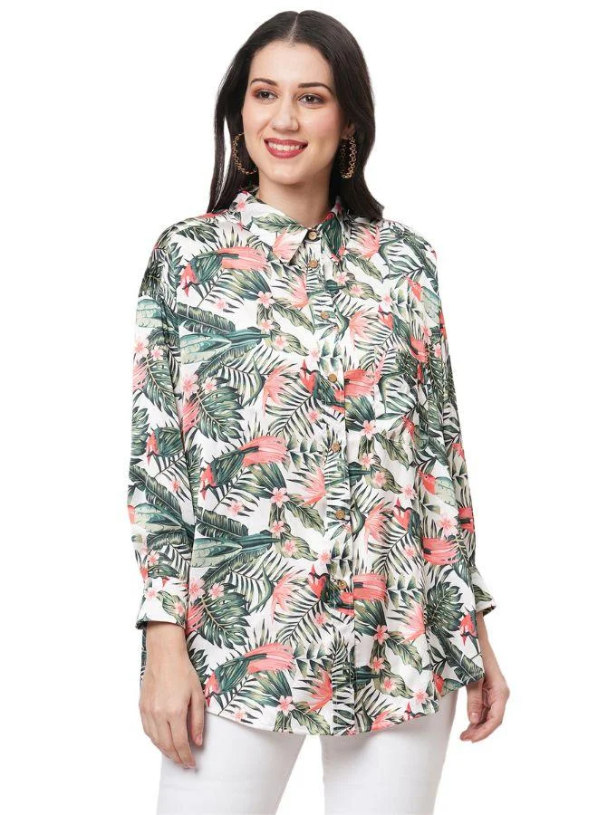 #Be Tropical Print Satin Shirt