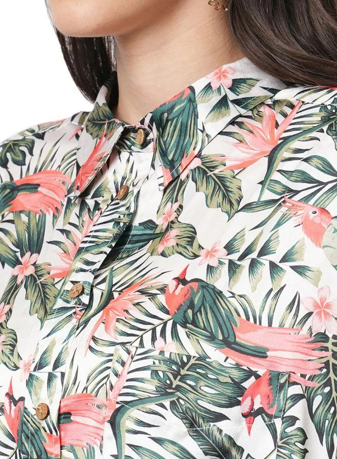 #Be Tropical Print Satin Shirt