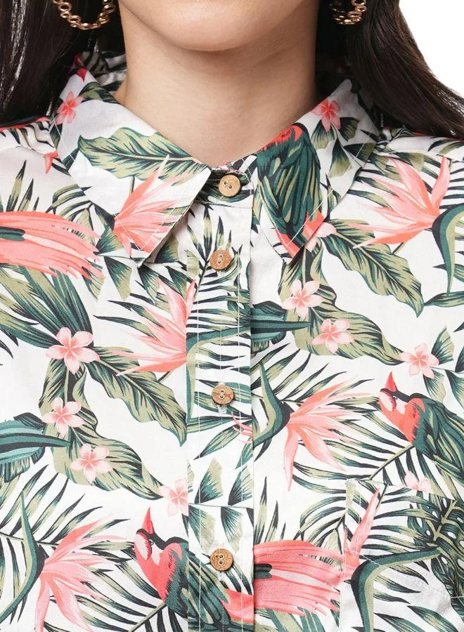 #Be Tropical Print Satin Shirt