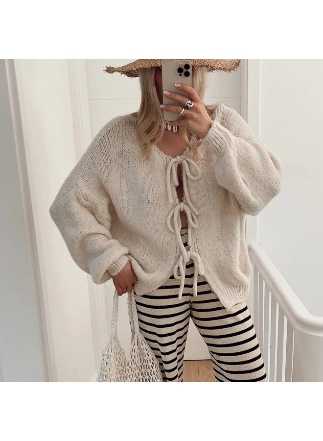 NIBEMINENT Solid Color Round Neck Tied Knit Cardigan Jacket for Autumn and Winter Women Fashionable Simple Long Sleeved Knit Jacket - Image 1