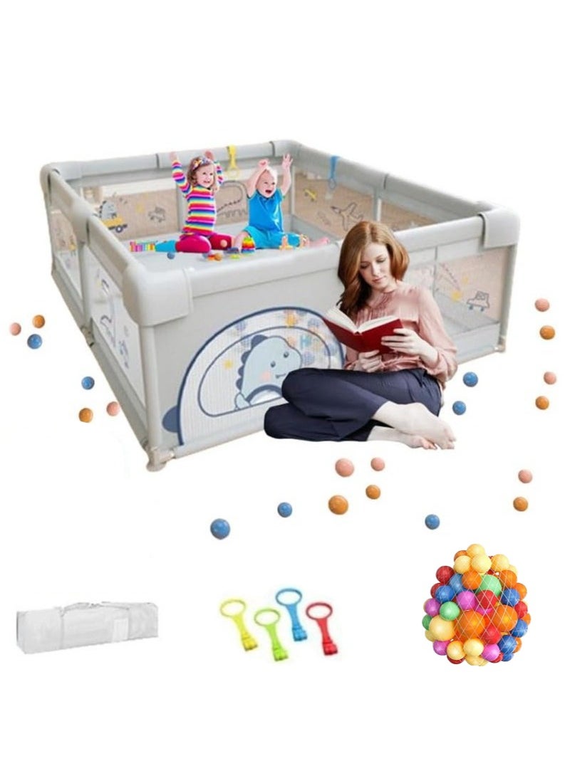 YQbest Baby Playpen,Protective Fence,Home Children's Mesh Toddler Fence,Baby Crawling Mat,Infant Indoor And Outdoor Kids Activity Center,Fun Activities,180 * 200CM (Gray dinosaur)  With Ocean Balls,  - Image 1