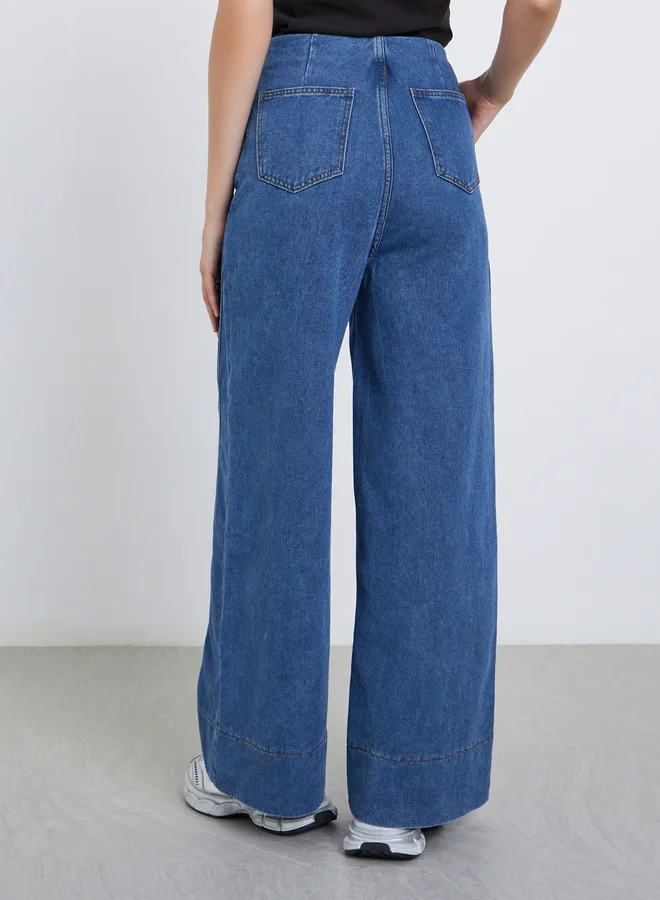 Styli Medium Blue High Rise Wide Leg Jeans for Women | Best Price UAE