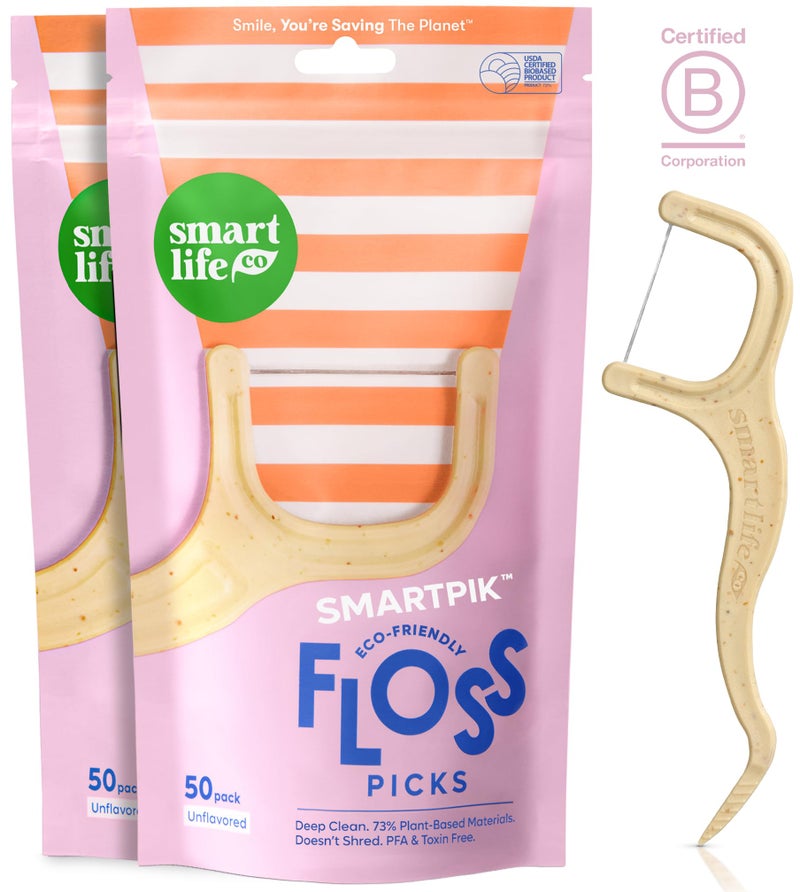 SmartLifeco Eco-Friendly Dental Floss Picks (100ct) - Flossers Made With Straw Wheat Blend, Strong Anti-Shred Thread For Tight Gaps, Tooth Pick Stick For Adults, Soft on Gum & Teeth, Vegan, Unflavored - Image 1