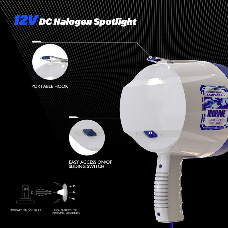 GOODSMANN Marine Spotlight Corded Handheld Corded Spot Lights for Boats 12 Volt DC Glare-Free Halogen Spotlight 9924-H202-01 - Image 4