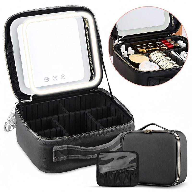 Travel Makeup Train Case with Mirror LED Light Adjustable Brightness Large Capacity Cosmetic Bag Organizer Portable Storage Adjustable Dividers for Cosmetics Makeup Brushes Toiletry Jewelry - Image 1