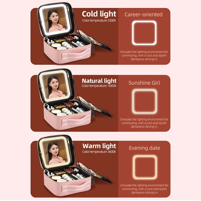 Travel Makeup Train Case with Mirror LED Light Adjustable Brightness Large Capacity Cosmetic Bag Organizer Portable Storage Adjustable Dividers for Cosmetics Makeup Brushes Toiletry Jewelry - Image 2