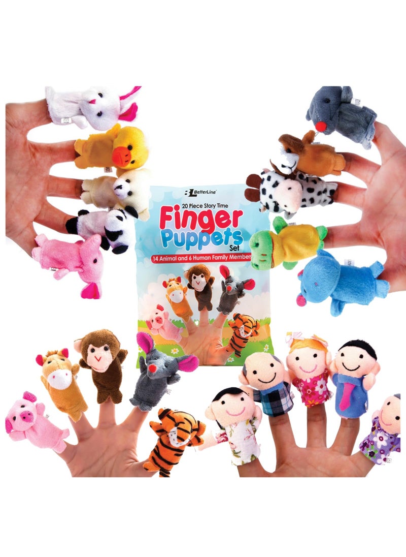 BETTERLINE 20-Piece Story Time Finger Puppets Set - Cloth Velvet Puppets - 14 Animals and 6 People Family Members  - Image 1