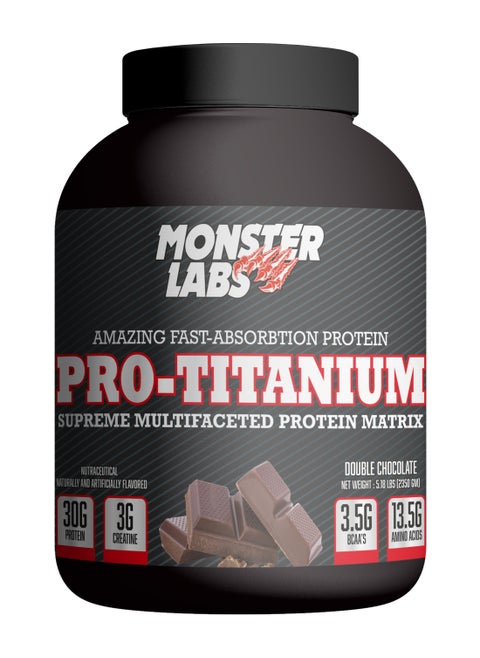 Monster Labs Pro Titanium 100% Fast-Absorption Whey Protein, 30 Grams of Protein with 3g Creatine, 3.5g BCAA, 13.5g Amino Acids - Double Chocolate, 5.18 Lbs, 54 Servings
