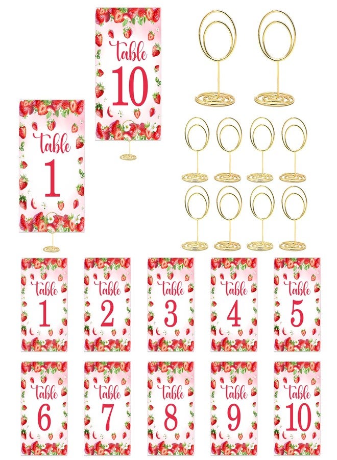 CORNER LACE Strawberry Table Numbers 1-10 with 10Pcs Gold Table Card Holders - 4"x6" Cute Strawberry Themed Place Card Centerpiece Decorations for Baby Shower & Birthday Party Reception - Image 1