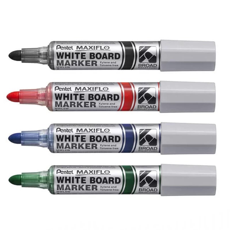 Pentel Maxiflo Broad Bullet Point Liquid Ink Dry Wipe Marker, 4 Pcs, MWL5W