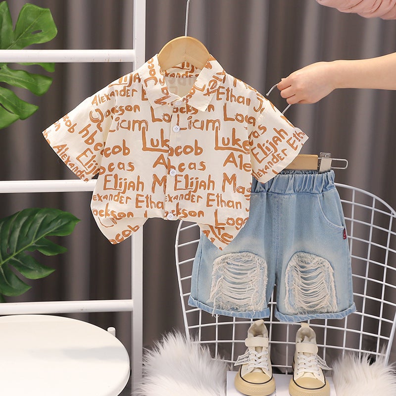 Foreign Trade Boys Infant Short-sleeved Suit Summer New Small and Medium-sized Boys Full Printed English Shirt Short-sleeved Suit Brown