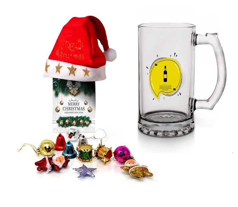 Kesri Gifts Kesri Gifts Christmas Gift Set Printed Beer Mug 12 Christmas Ornaments with Santa Cap Xmas Greeting Card for Xmas Gift ComboxmBrm22087 - Image 1